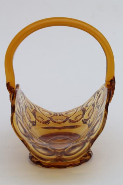 photo of Moon & Stars amber glass basket, vintage L E Smith label pressed glass #3