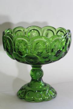 catalog photo of Moon & Stars pattern glass large compote or fruit bowl, vintage green glasswar