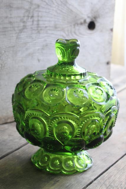 photo of Moon and Stars green glass covered bowl or large candy dish, 70s vintage Smith glass #1