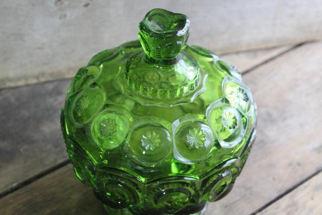 photo of Moon and Stars green glass covered bowl or large candy dish, 70s vintage Smith glass #2