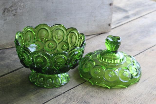 photo of Moon and Stars green glass covered bowl or large candy dish, 70s vintage Smith glass #3