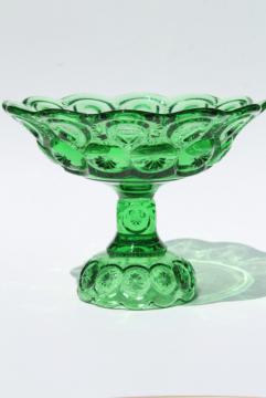 catalog photo of Moon and Stars pattern green glass compote pedestal stand candy dish or fruit bowl