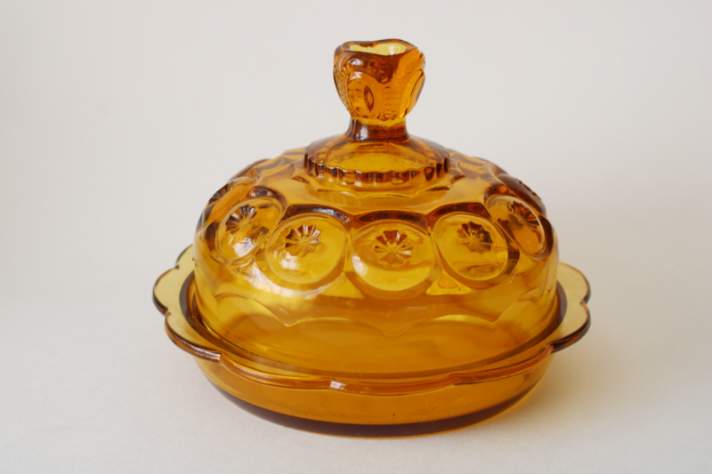 photo of Moon & stars pattern vintage amber glass covered butter dish round dome lid & plate  #1