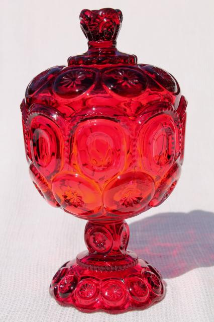 photo of Moon & stars pressed pattern glass candy dish or small compote, ruby red glass #1