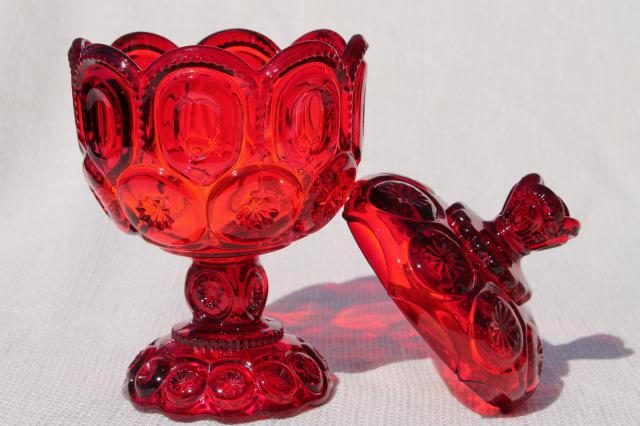 photo of Moon & stars pressed pattern glass candy dish or small compote, ruby red glass #3