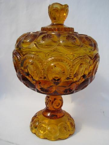 photo of Moons and Stars pattern vintage amber glass covered candy bowl #1