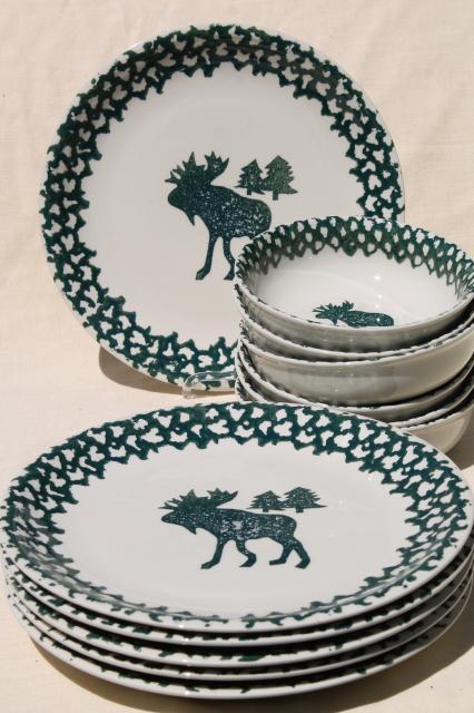 photo of Moose Country green sponge ware stoneware dinner plates & bowls, Tienshan china #1