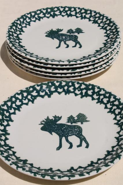 photo of Moose Country green sponge ware stoneware dinner plates & bowls, Tienshan china #4