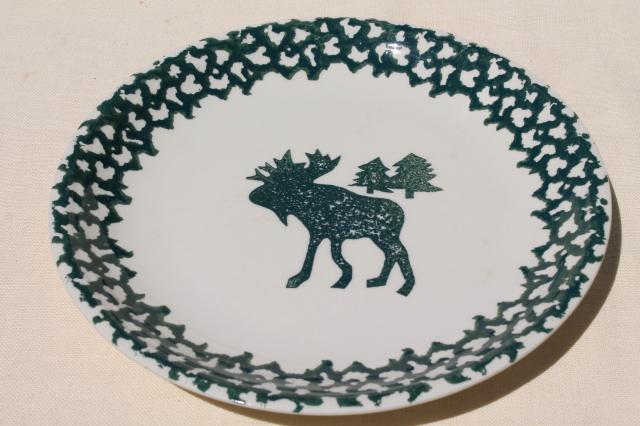 photo of Moose Country green sponge ware stoneware dinner plates & bowls, Tienshan china #5