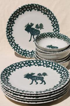 catalog photo of Moose Country green sponge ware stoneware dinner plates & bowls, Tienshan china