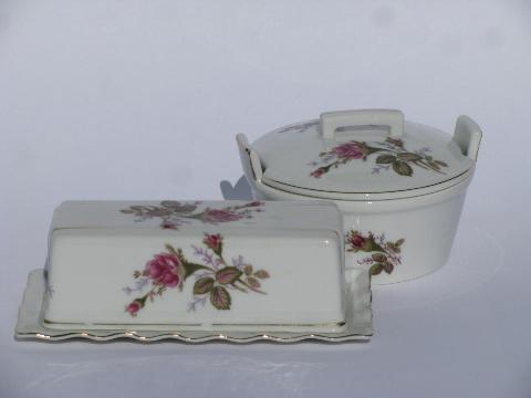 photo of Moss Rose pink roses pattern vintage china, butter dishes, covered butter & bucket #1