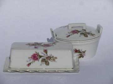 catalog photo of Moss Rose pink roses pattern vintage china, butter dishes, covered butter & bucket