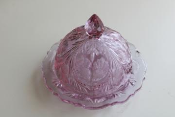 catalog photo of Mosser glass lavender pink glass thistle pattern round butter dome cover & plate 