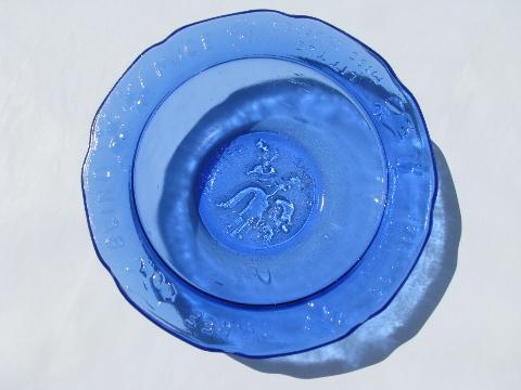 photo of Mother Goose nursery rhyme cobalt blue glass baby bowl child's dish, vintage Tiara #1