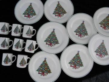 catalog photo of Mount Mt Clemens pottery dinner plates & mugs, Christmas tree china for 8