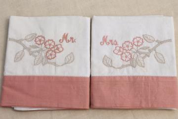 catalog photo of Mr. & Mrs. vintage embroidered cotton pillowcases, cute retro newlywed wedding gift