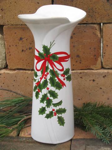 photo of Mt Clemens pottery Christmas holly holiday china, large flower vase #1