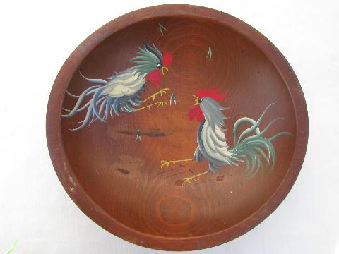 photo of Munising vintage wood salad bowl, hand-painted roosters #1