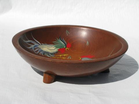 photo of Munising vintage wood salad bowl, hand-painted roosters #2