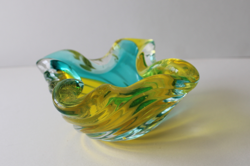 photo of Murano style hand blown art glass ashtray unsigned, aqua waves w/ yellow colorful glass #1