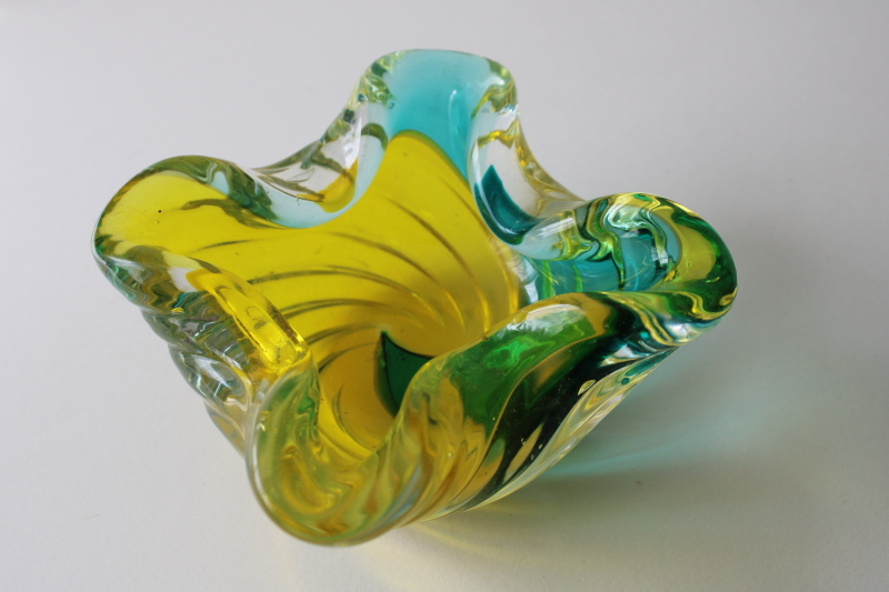 photo of Murano style hand blown art glass ashtray unsigned, aqua waves w/ yellow colorful glass #2