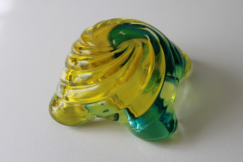 photo of Murano style hand blown art glass ashtray unsigned, aqua waves w/ yellow colorful glass #3