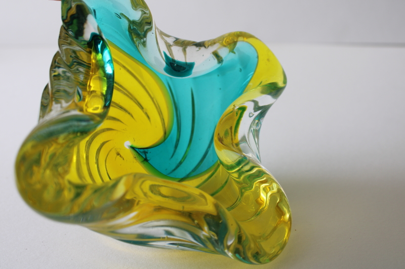 photo of Murano style hand blown art glass ashtray unsigned, aqua waves w/ yellow colorful glass #4