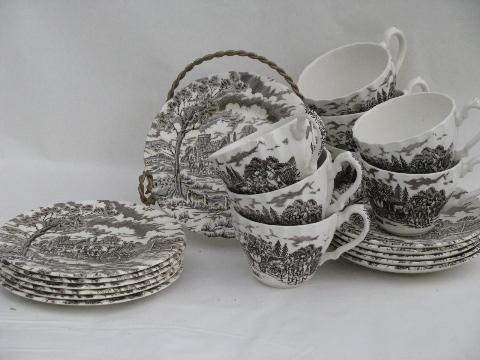 photo of Myott Royal Mail vintage brown transfer china lot, plates, cups #1