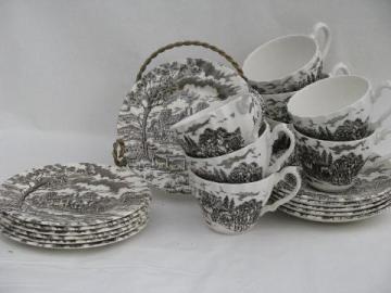 catalog photo of Myott Royal Mail vintage brown transfer china lot, plates, cups