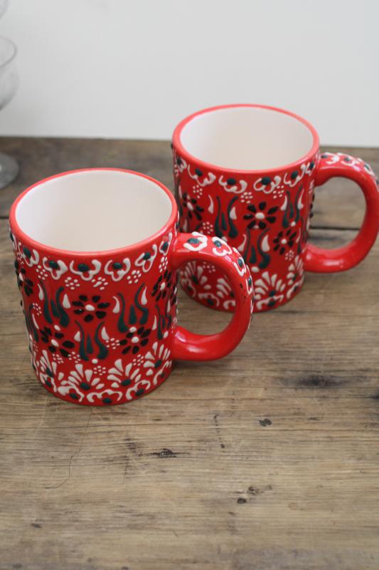 photo of Myth Arts Turkey red ceramic coffee cups, hand painted mugs Turkish pottery #1