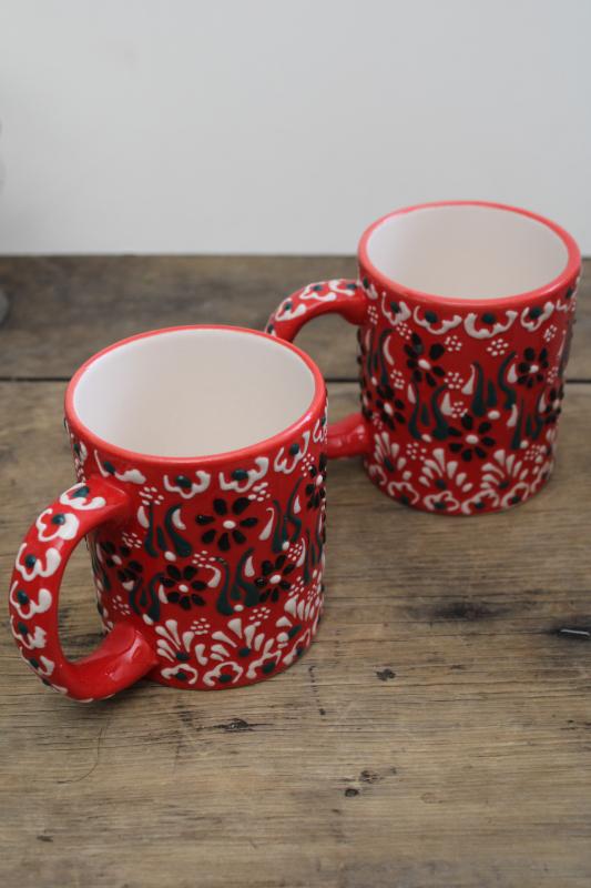 photo of Myth Arts Turkey red ceramic coffee cups, hand painted mugs Turkish pottery #2