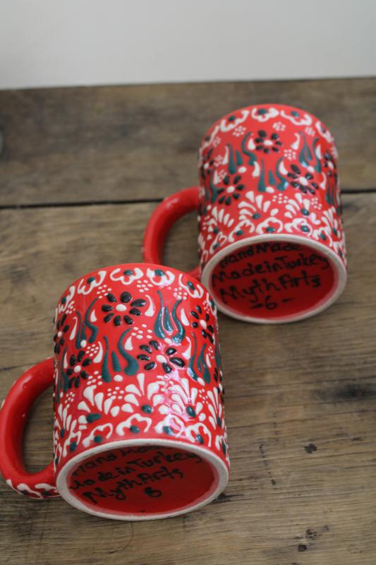 photo of Myth Arts Turkey red ceramic coffee cups, hand painted mugs Turkish pottery #4