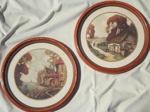 photo of N C Wyeth era cottage scene prints, vintage round framed pictures set #1