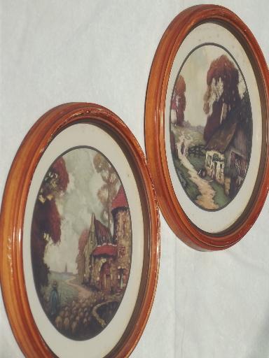 photo of N C Wyeth era cottage scene prints, vintage round framed pictures set #2