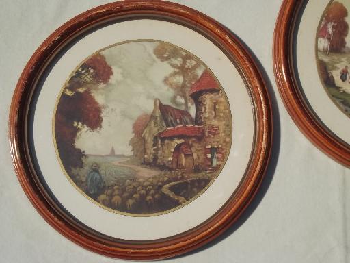 photo of N C Wyeth era cottage scene prints, vintage round framed pictures set #3