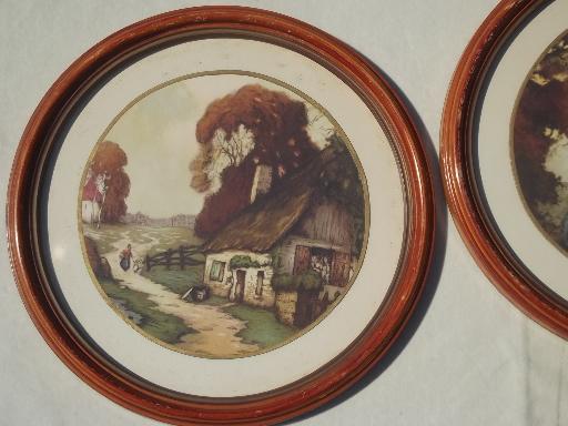 photo of N C Wyeth era cottage scene prints, vintage round framed pictures set #4