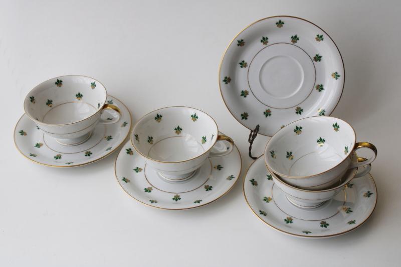 photo of Nanette green & gold fleur de lis pattern teacups and saucers, Baronet Eschenbach Bavaria #1