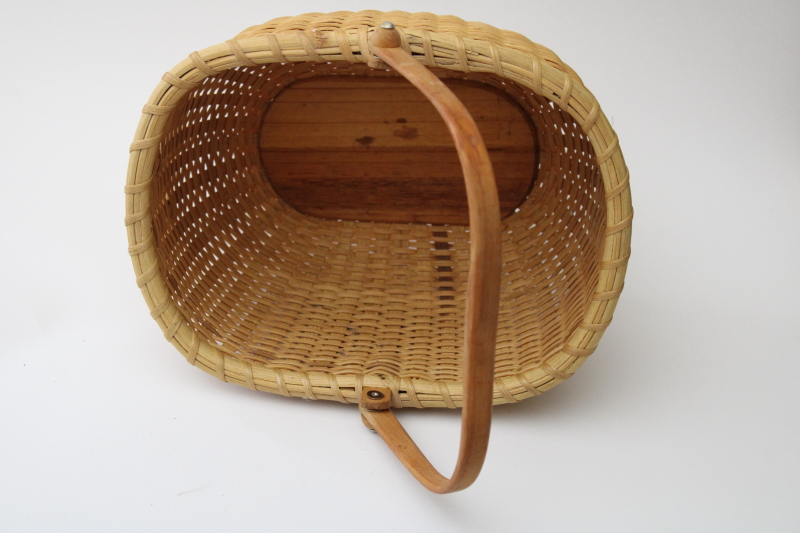 photo of Nantucket style basket, 1990s vintage hand woven basket w/ carved wood handle #3