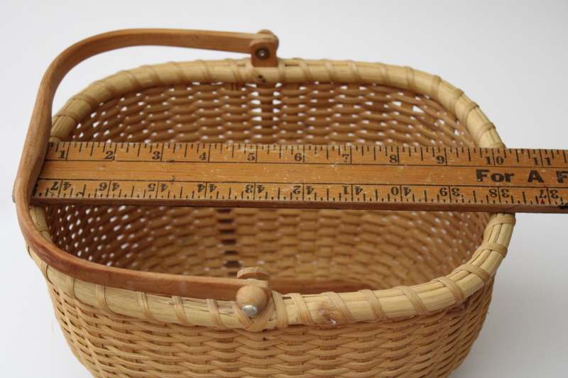 photo of Nantucket style basket, 1990s vintage hand woven basket w/ carved wood handle #6