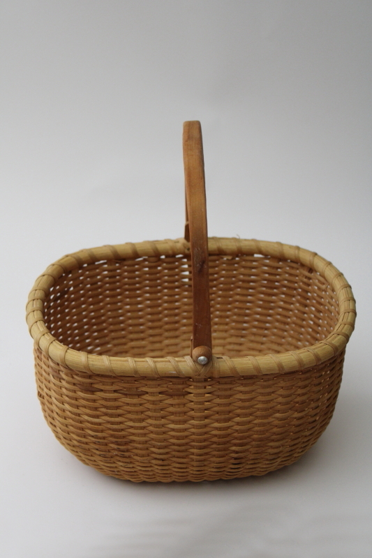 photo of Nantucket style basket, 1990s vintage hand woven basket w/ carved wood handle #7