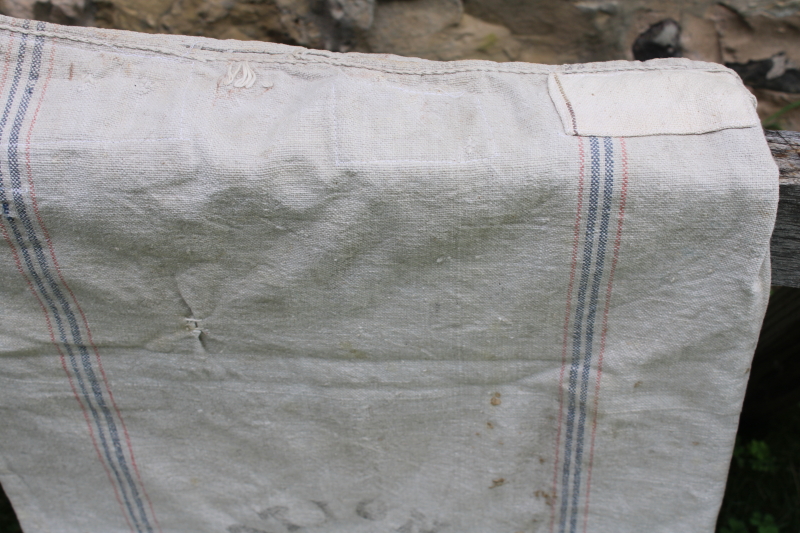 photo of National Seamless vintage heavy cotton grain bag feed sack, worn & patched, woven blue & red stripe  #2