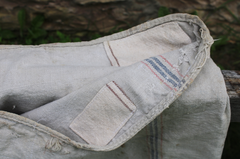 photo of National Seamless vintage heavy cotton grain bag feed sack, worn & patched, woven blue & red stripe  #3