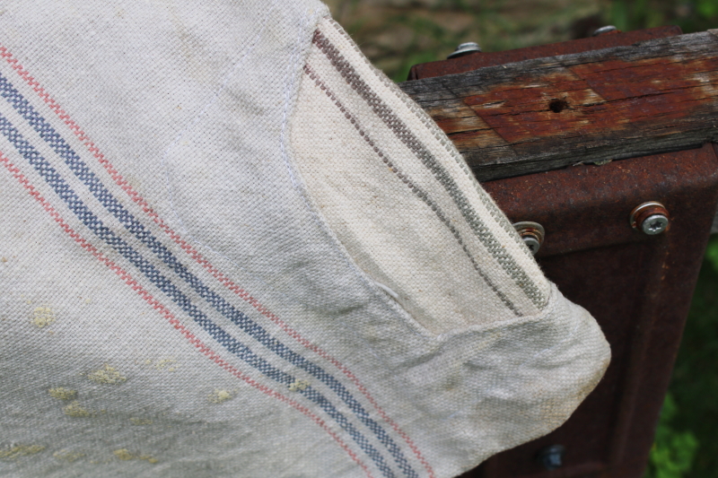 photo of National Seamless vintage heavy cotton grain bag feed sack, worn & patched, woven blue & red stripe  #4