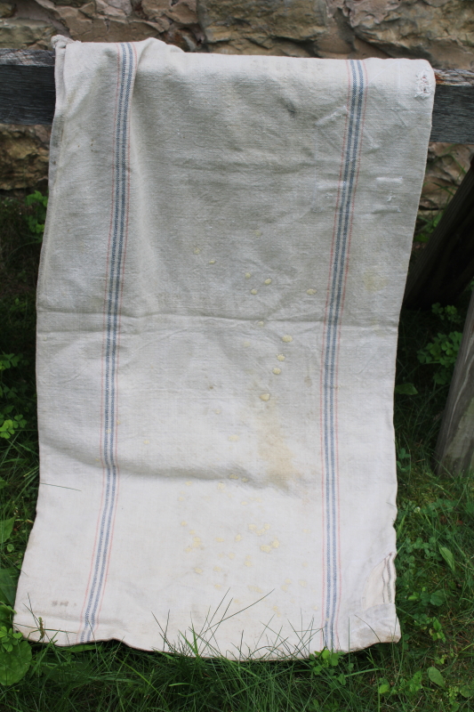 photo of National Seamless vintage heavy cotton grain bag feed sack, worn & patched, woven blue & red stripe  #5