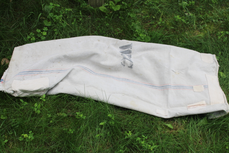 photo of National Seamless vintage heavy cotton grain bag feed sack, worn & patched, woven blue & red stripe  #7