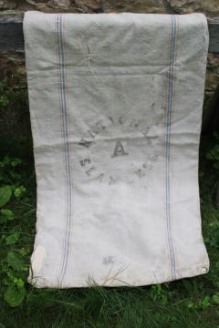 catalog photo of National Seamless vintage heavy cotton grain bag feed sack, worn & patched, woven blue & red stripe 