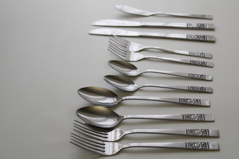 photo of National stainless Korea mod vintage flatware Laureen black rose complete set for two #1