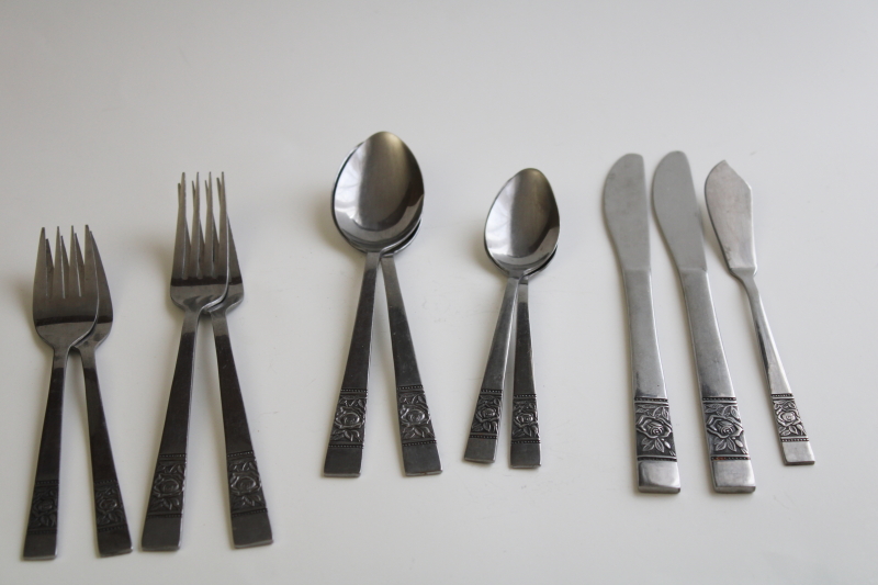 photo of National stainless Korea mod vintage flatware Laureen black rose complete set for two #3