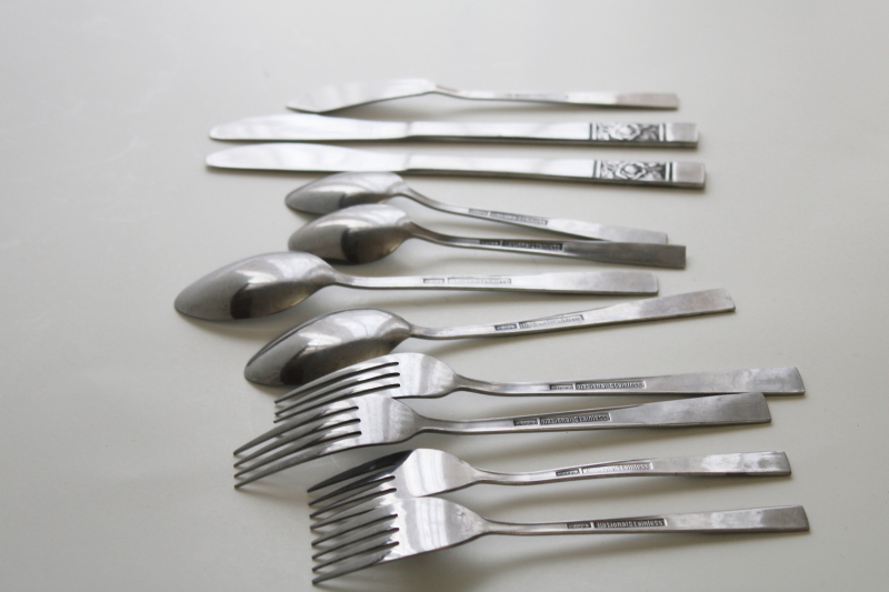 photo of National stainless Korea mod vintage flatware Laureen black rose complete set for two #5