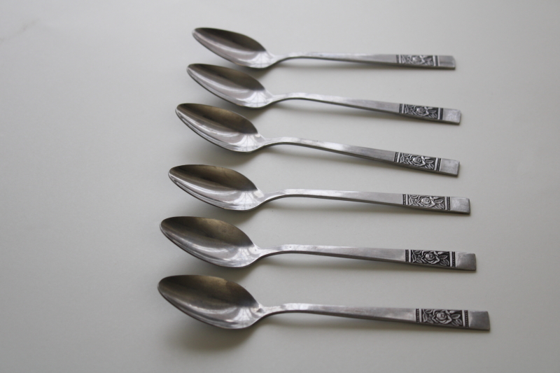 photo of National stainless Korea mod vintage flatware Laureen black rose pattern teaspoons #1